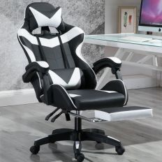 【SIDIS】黑白色電競椅帶抬腳墊(椅背後仰鎖定、伸縮抬腿墊、附腰頸双枕、強化電鍍五爪)電腦椅 電競椅 工作椅 辦公椅