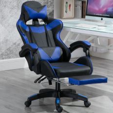 【SIDIS】黑藍色電競椅帶抬腳墊(椅背後仰鎖定、伸縮抬腿墊、附腰頸双枕、強化電鍍五爪)電腦椅 電競椅 工作椅 辦公椅